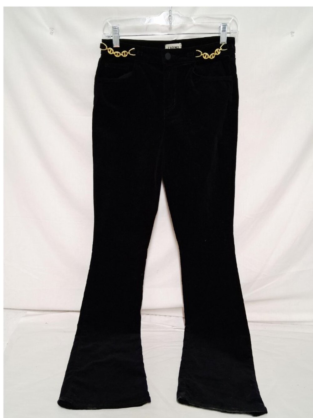 L'Agence Black Velvet Flared Pants Gold Chain Belt Accent Flare Trousers Size 26